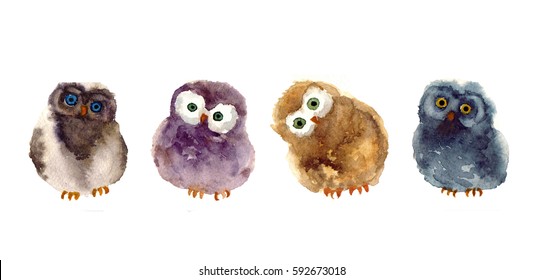Watercolor Funny Sketch Owl. Art Illustrations Sketch