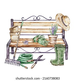 Watercolor Garden Bench With Tools And Flowers

