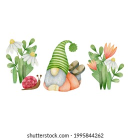 Watercolor Garden Gnome Isolated On White Background.