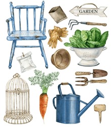 Watercolor Garden Tools, Country Farm Gardening, Farmhouse Decor Clipart, Vegetable, Vintage Rusty Element, Watering Can, Blue Chair, Birdcage, Flower Pot, Colander With Salad Leaf.