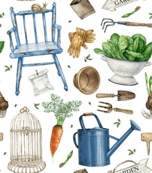 Watercolor Garden Tools Seamless Pattern, Farmhouse Wrapping Paper, Vegetable,Vintage Rusty Element, Watering Can, Blue Chair, Birdcage, Flower Pot, Colander With Salad Leaf,scales, Spring Flowers