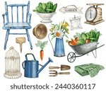 Watercolor garden tools,Country farm gardening, Farmhouse decor clipart,vegetable,Vintage rusty element, watering can, blue chair, birdcage, flower pot, colander with salad leaf,scales, spring flowers