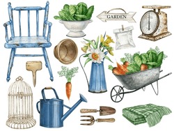 Watercolor Garden Tools,Country Farm Gardening, Farmhouse Decor Clipart,vegetable,Vintage Rusty Element, Watering Can, Blue Chair, Birdcage, Flower Pot, Colander With Salad Leaf,scales, Spring Flowers