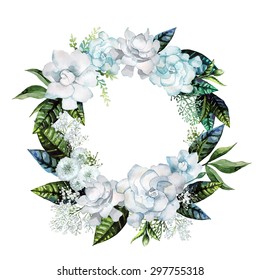 Watercolor Gardenia And Gypsophila Wreath