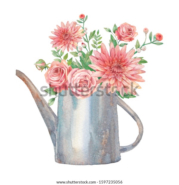 Watercolor Gardening Composition Flowers Watering Can Stock ...