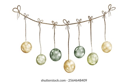 Watercolor garland illustration with light bulbs and festive bunting. Hand-drawn holiday decorations in warm fall colours for party invitation or greeting card design.