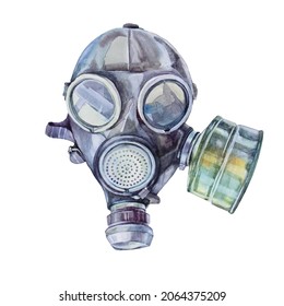 Watercolor gas mask isolated on white background. Military filter respirator for stalker, post-apocalyptic world, survival. Protective uniform for nuclear war, radiation, toxic poison. Hand-drawn art