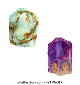 Watercolor Gem Set. Jade Turquoise And Amethyst Stones Isolated On White Background. For Design, Prints Or Background