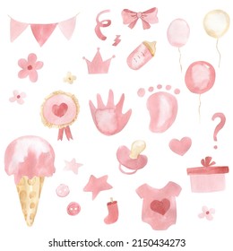 Watercolor Gender Reveal Party Elements.  Illustration For Newborn Girl