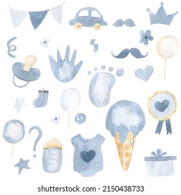 Watercolor gender reveal party elements.  illustration for newborn boy - Powered by Shutterstock