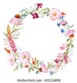 Watercolor Gentle Flower Greeting Card, Wild Flowers. Round Floral Wreath