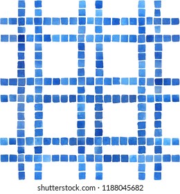 Watercolor Geometric Tile With Checkered Grid In Blue. Seamless Hand Painted Pattern