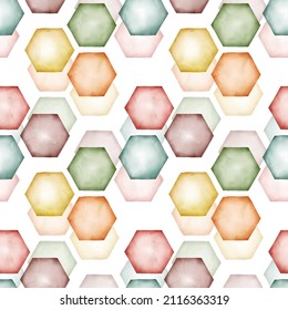 Watercolor Geometrical Honeycomb Seamless Pattern. Colorful Wallpaper