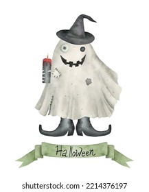 Watercolor Ghost. Hand Drawn Illustration For Halloween