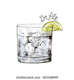 Watercolor  Gin Fizz Cocktail Illustration. It Can Be Used For Menu, Card, Postcard, Banner, Poster.