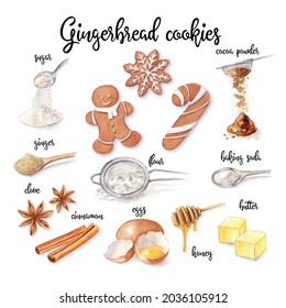 Watercolor Gingerbread Cookies. Christmas Recipe Illustration