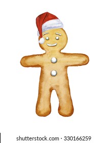 Watercolor Gingerbread Man In The Red Cap