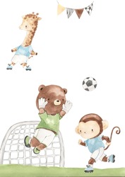 Watercolor Giraffe, Bear, Monkey. Football Template For Nursery, Baby Shower, Invitation For Birthday Party 