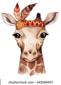 Watercolor Giraffe Portrait, Cute Boho Design With Feathers. Nursery Prints With Animals , Posters And Postcards.