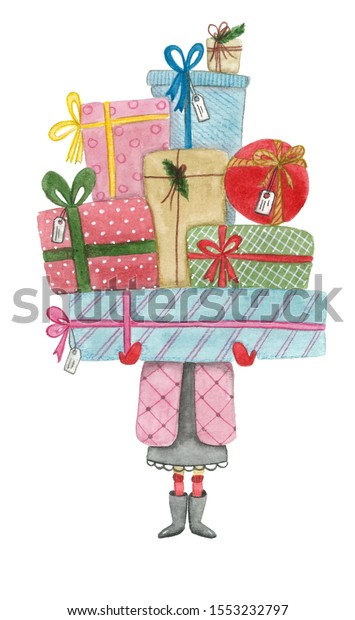 Watercolor Girl Black Dress Pink Coat Stock Illustration 1553232797