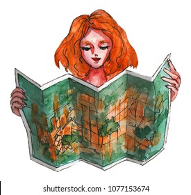 Watercolor Girl With Map