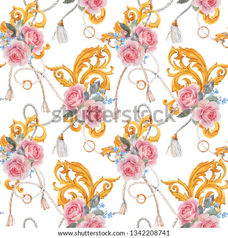 Watercolor glamorous  seamless pattern with chains, belts and ropes. gold ornament, bouquet pink rose