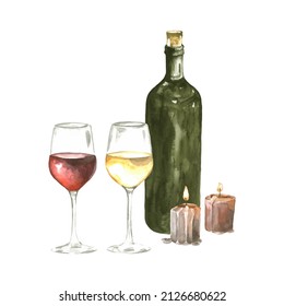 Watercolor Glasses Of Red Wine And Champagne, Bottle, Candles Composition. Hand Painted Romantic Dinner Illustration. Alcoholic Drink Clipart Elements Isolated On White Background. For Restaurant.