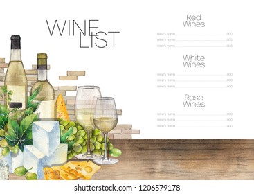 Watercolor glasses of white wine, bottles, white grapes and cheeseon the wooden table with brick wall on the background. Kitchen still life. Hand painted isolated corner design