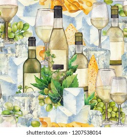 Watercolor Glasses Of White Wine, Bottles, White Grapes And Cheese. Kitchen Still Life. Hand Painted Seamless Pattern