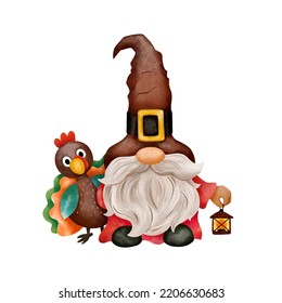 Watercolor Gnome Pilgrim And Thanksgiving Turkey Bird. Cute Gnome Holding Lantern. Watercolor Hand Drawn Illustration. Hand Painting Fall Autumn Thanksgiving Character.