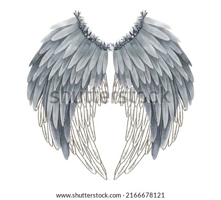 Watercolor gold black wings. Abstract hand drawn isolated illustration on white background