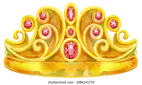 Watercolor Gold Crown With Jewels Of Ruby