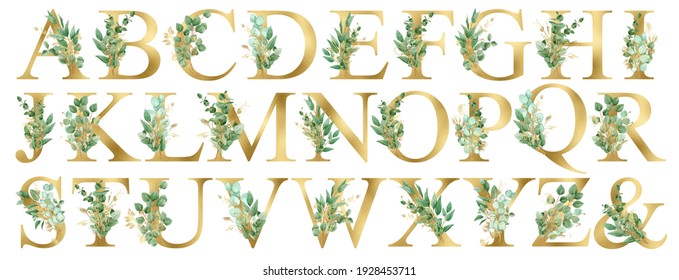 Watercolor Gold Floral Alphabet Set Collection with green and gold Eucalyptus branches and gold line leaves. Wedding invitations, baby shower, sublimation design, birthday, other concept ideas. - Powered by Shutterstock