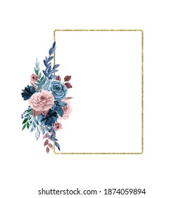 Watercolor gold foliage geometric frame. Isolated rectangle polygonal frame. Dusty Pink, Dusty blue Bouquet. Pastel flowers. For wedding design, invitations, bridal shower