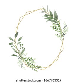 Watercolor Gold Geometrical Wreath With Greenery Leaves Branch Twig Plant Herb Flora Isolated On White Background. Botanical Spring Summer Leaf Decorative Illustration For Wedding Invitation Card