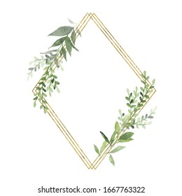 Watercolor Gold Geometrical Wreath With Greenery Leaves Branch Twig Plant Herb Flora Isolated On White Background. Botanical Spring Summer Leaf Decorative Illustration For Wedding Invitation Card