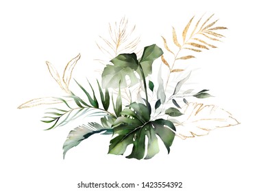  Watercolor And Gold Leaves. Herbal Illustration. Botanic Tropic Composition.  Exotic Modern Design