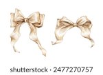 Watercolor golden bow Birthday party. Hand drawing sketch of design on white isolated background. Pattern with transparent ribbons and bows.
