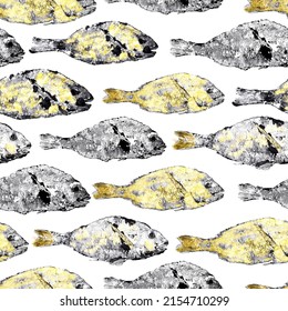 Watercolor Golden Dorado Fish Print Seamless Pattern On White Background