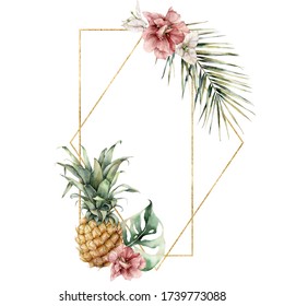 Watercolor golden frame with pineapple, hibiscus, bougainvillea and palm leaf. Hand painted tropical card with flowers isolated on white background. Floral illustration for design, print, background. - Powered by Shutterstock