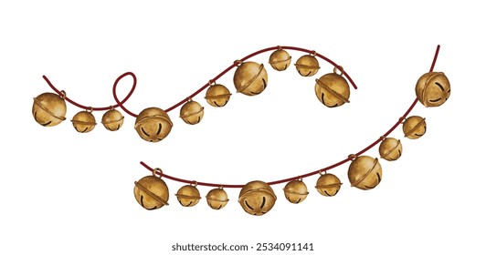 Watercolor golgen jingle bells garland on the rope. Christmas holiday bronze sleigh bells handing for christmas greeting. - Powered by Shutterstock