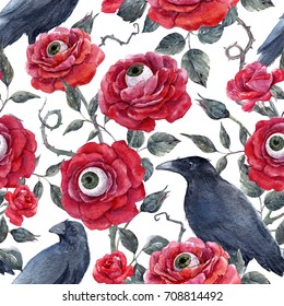Watercolor Gothic Halloween pattern, red roses with eyeballs and black raven, thorns and leaves