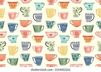 Watercolor And Gouache Cups And Mugs Seamless Pattern.  Cute, Painted Design Elements. Perfect For Wallpaper, Gift Wrap, Textiles, Surface Design And Backgrounds 