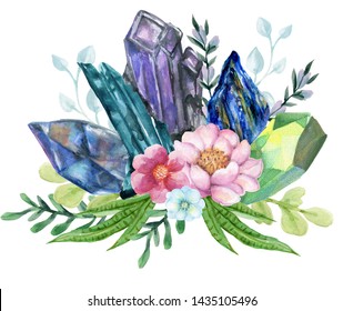 watercolor gouache elegant vintage Crystal Stone and Gemstones with flower succulants and foliage leaf bouquet wreath hand painted on white background