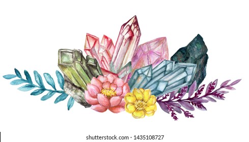watercolor gouache elegant vintage Crystal Stone and Gemstones with flower succulants and foliage leaf bouquet wreath hand painted on white background