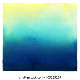 Watercolor Gradient Background. Abstract Yellow, Aquamarine And Blue Painted Template.