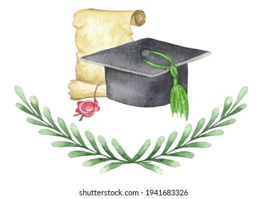 Watercolor Graduation Cap With Diploma And Laurel Wteath. Hand Drawn School Illustration. Grading.