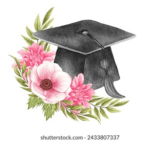 Watercolor graduation cap with flower wreath. Graduation hat. - Powered by Shutterstock