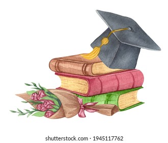 Watercolor Graduation set of a Graduation cap, flowers, and a stack of books. Hand drawn school illustration. - Powered by Shutterstock