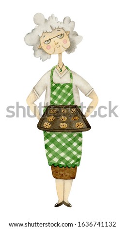 Watercolor grandmother in a green apron offers freshly baked cookies on a white background